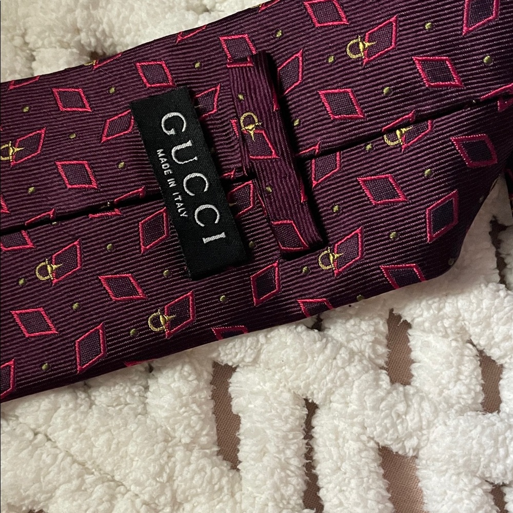 Gucci Dark Red Tie with Pink and Gold Details